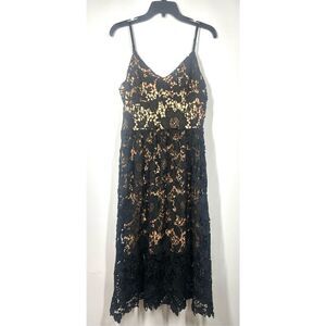 5 Twelve Black Floral Lace Over Nude Long Dress Spaghetti Straps V Neck Women 10